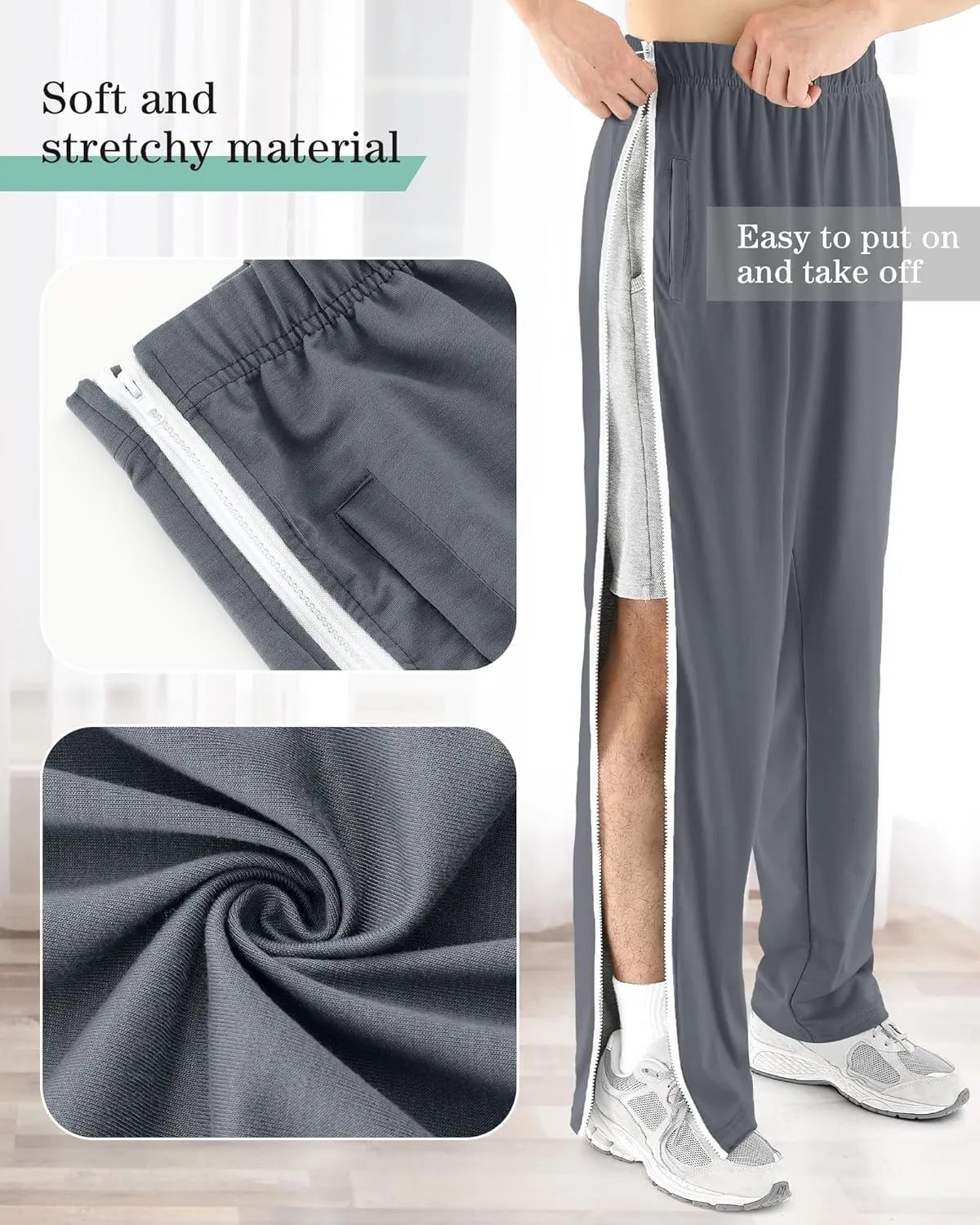 2 Pack Tear Away Pants for Men Sweat Basketball Pants 2 Side Zippers off Full Open Sweatpant with Pockets
