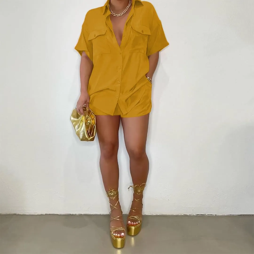 2 Piece Outfits for Women Button Down Lightweight Short Sleeve Shirts Loungewear Summer Shorts Sets With Pockets