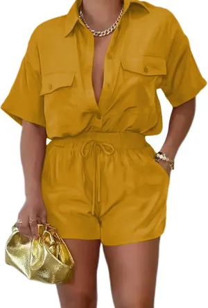 2 Piece Outfits for Women Button Down Lightweight Short Sleeve Shirts Loungewear Summer Shorts Sets With Pockets