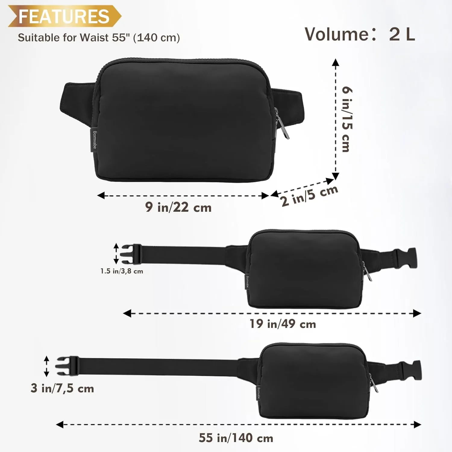 2L Black Fanny Pack for Women Men, Large Everywhere Belt Bag with Adjustable Strap 55", Crossbody Bag Water-resistant for Travel, Sports, Hiking