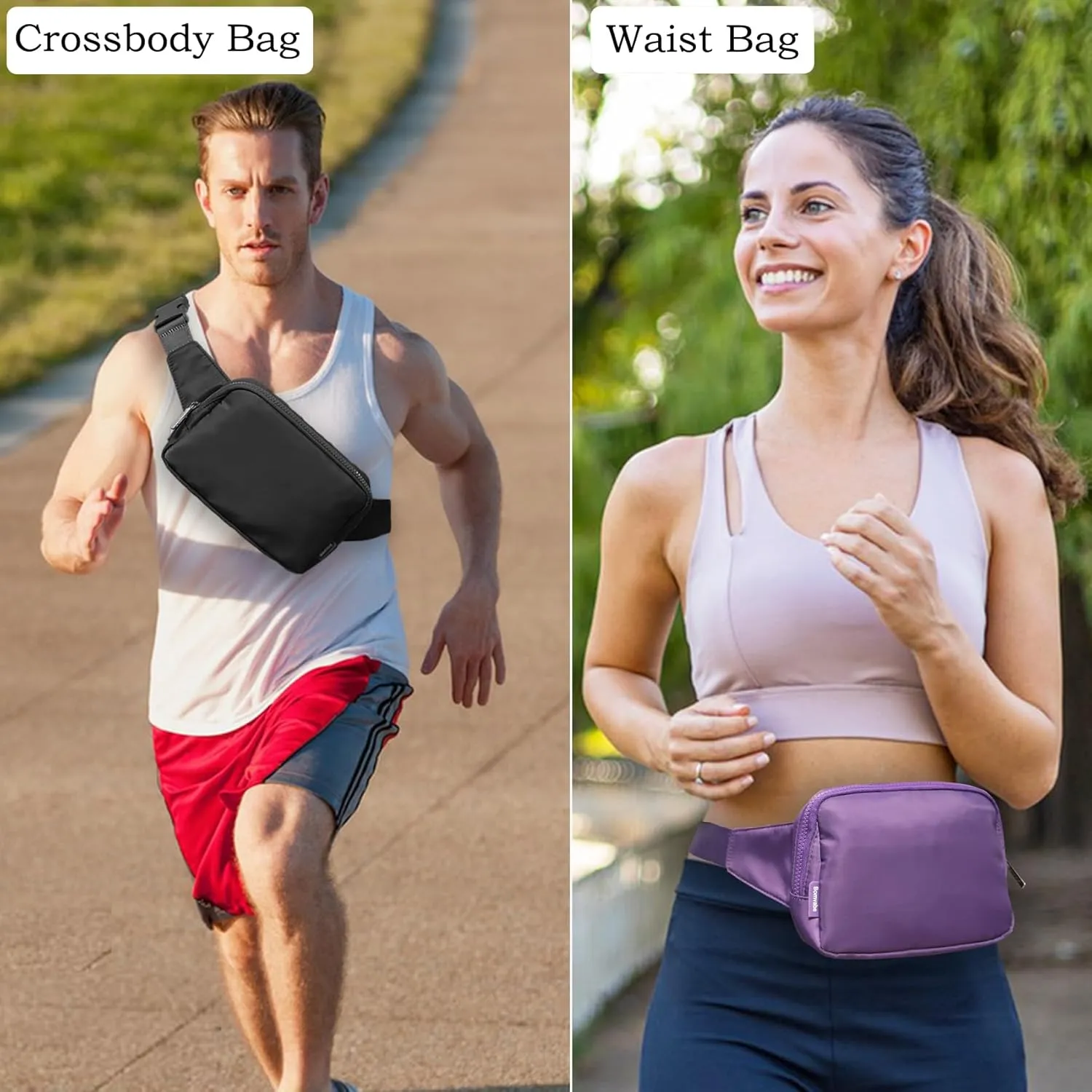 2L Black Fanny Pack for Women Men, Large Everywhere Belt Bag with Adjustable Strap 55", Crossbody Bag Water-resistant for Travel, Sports, Hiking