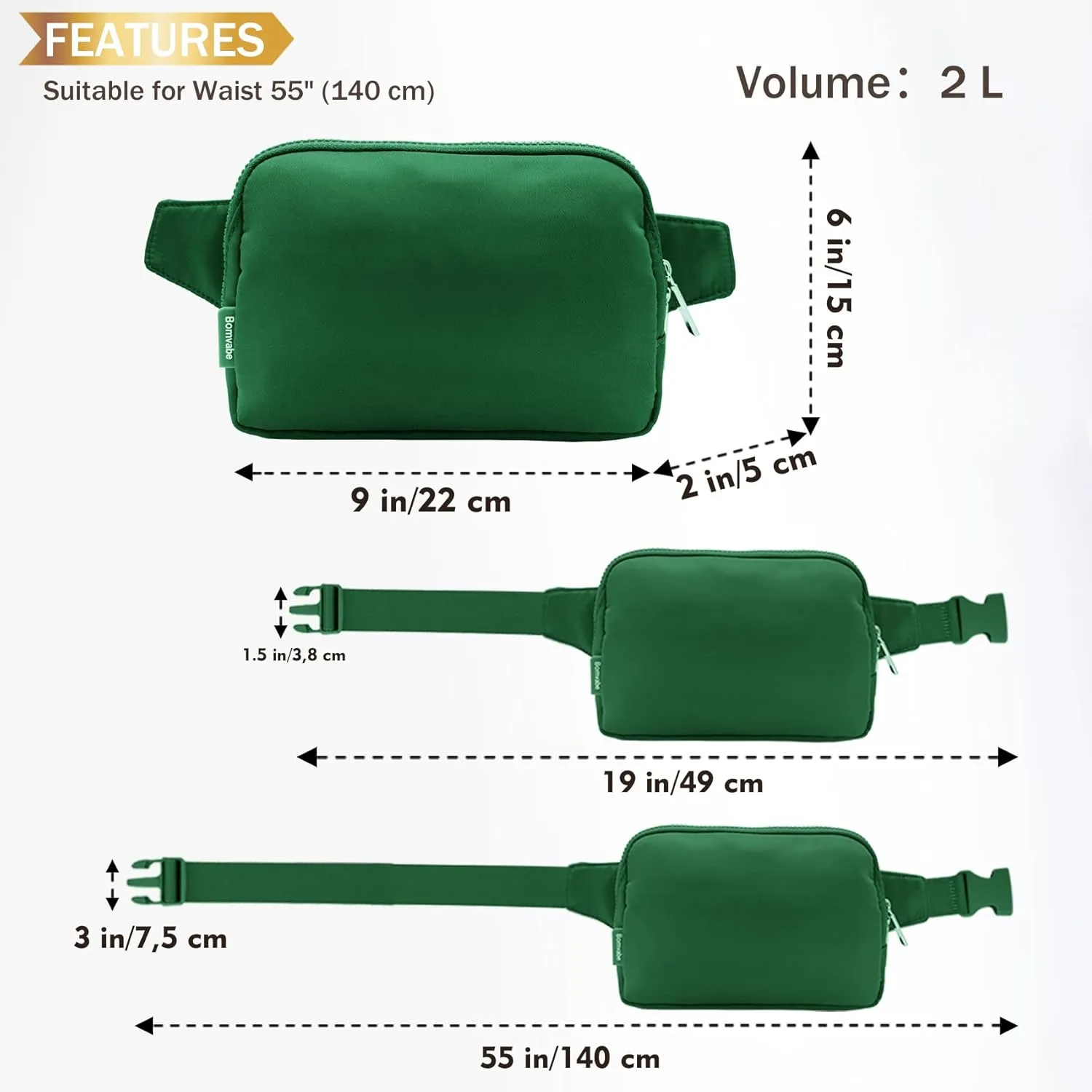 2L Fanny Pack for Women Men, Large Everywhere Belt Bag with Adjustable Strap 55", Crossbody Bag Water-resistant for Travel Sports Running Hiking, Fashion Waist Bag Everglade Green