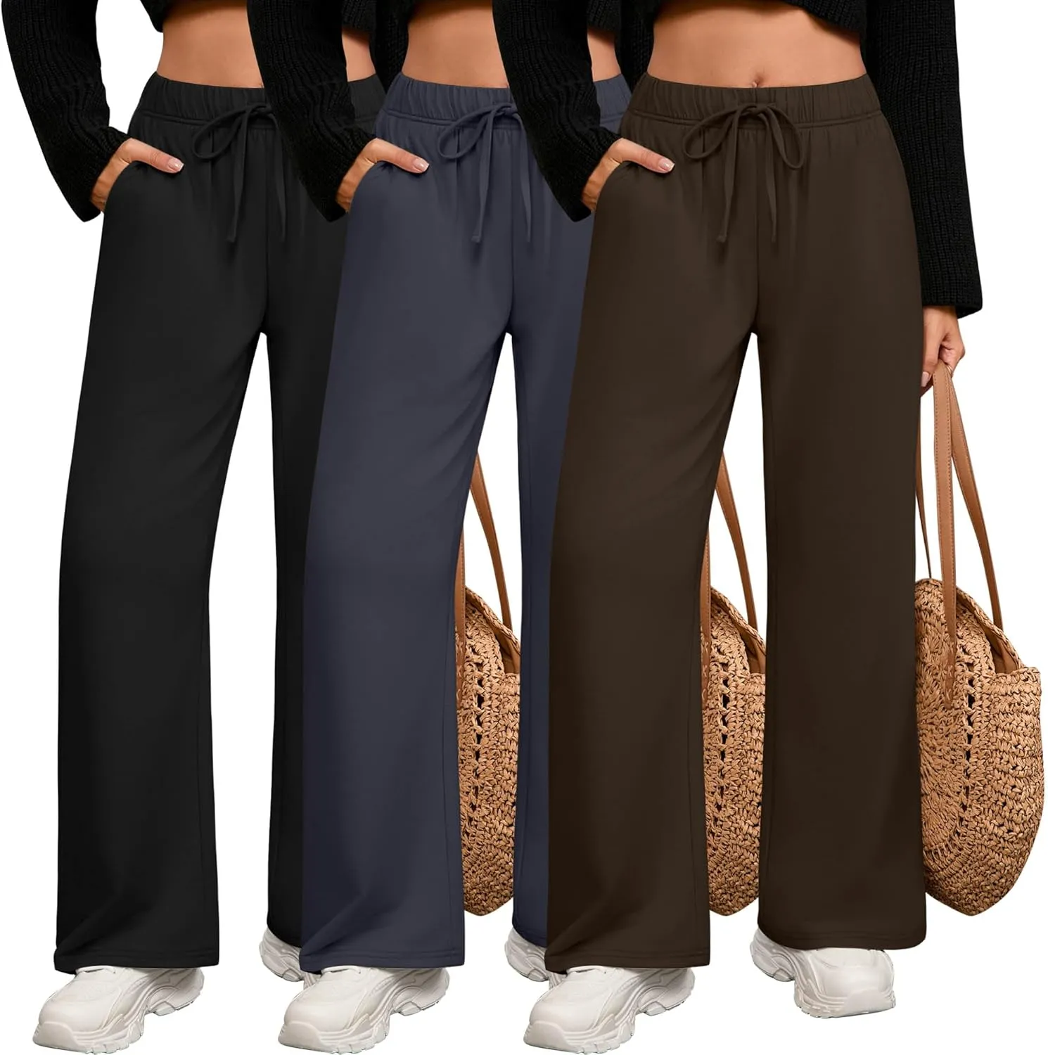 3 Pack Women's Lounge Pants with Pockets Casual Wide Leg Drawstring Yoga Pants Straight Trousers Spring Bottoms