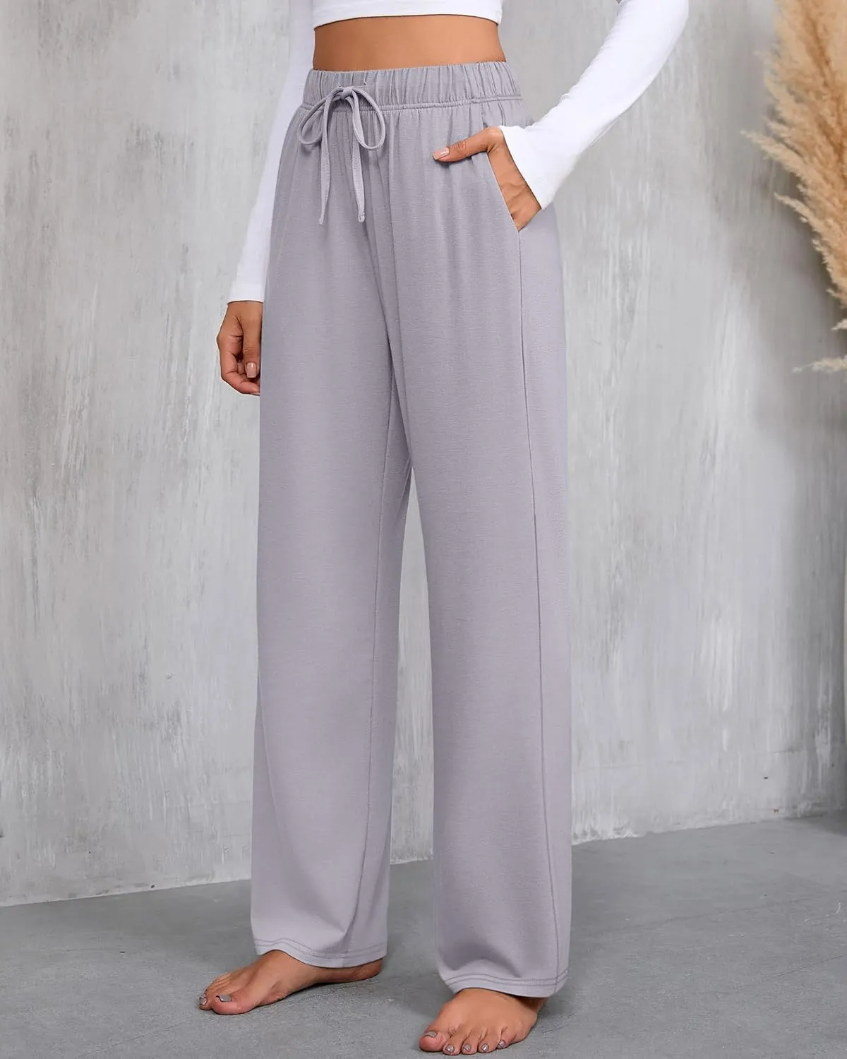 3 Pack Women's Lounge Pants with Pockets Casual Wide Leg Drawstring Yoga Pants Straight Trousers Spring Bottoms