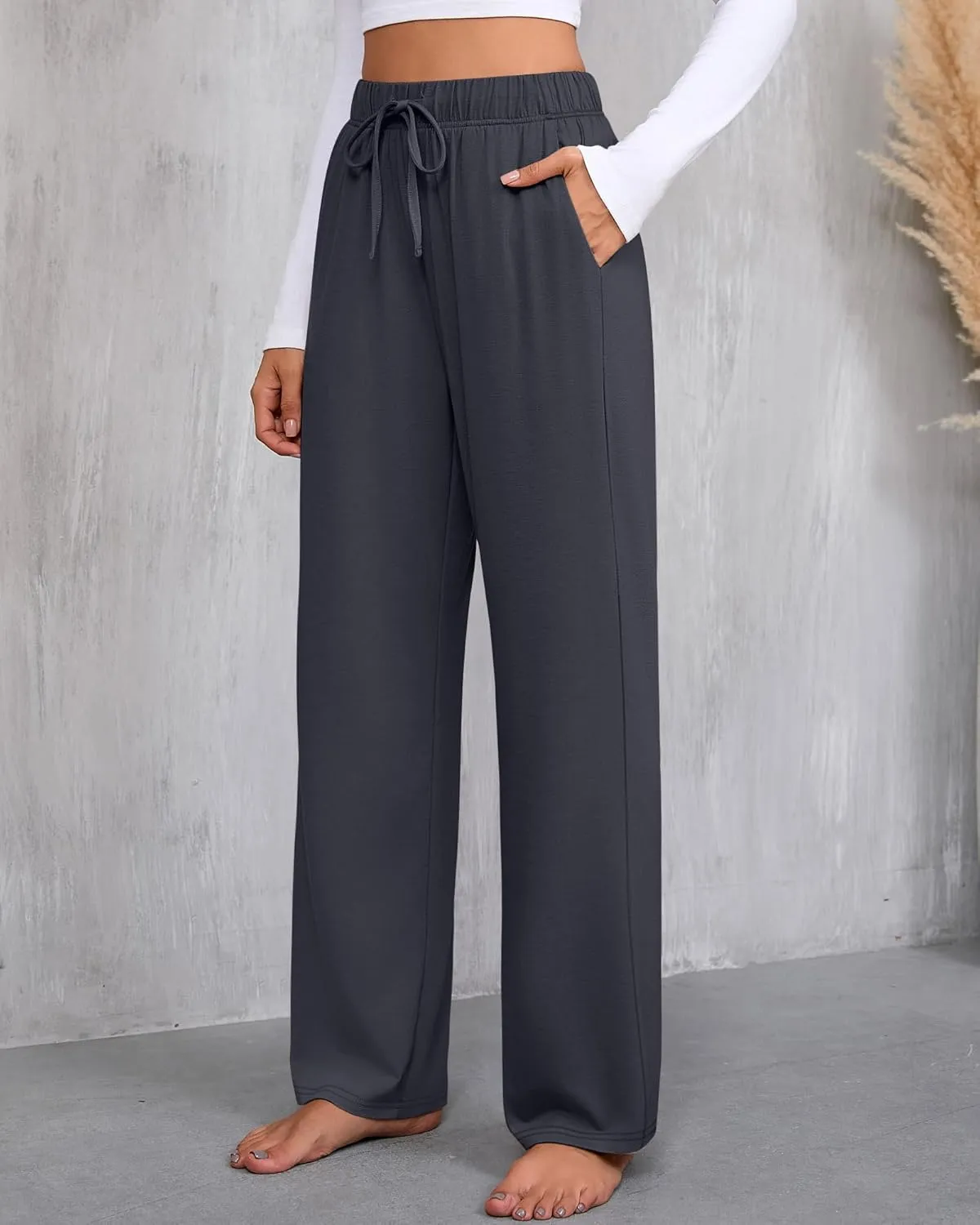 3 Pack Women's Lounge Pants with Pockets Casual Wide Leg Drawstring Yoga Pants Straight Trousers Spring Bottoms