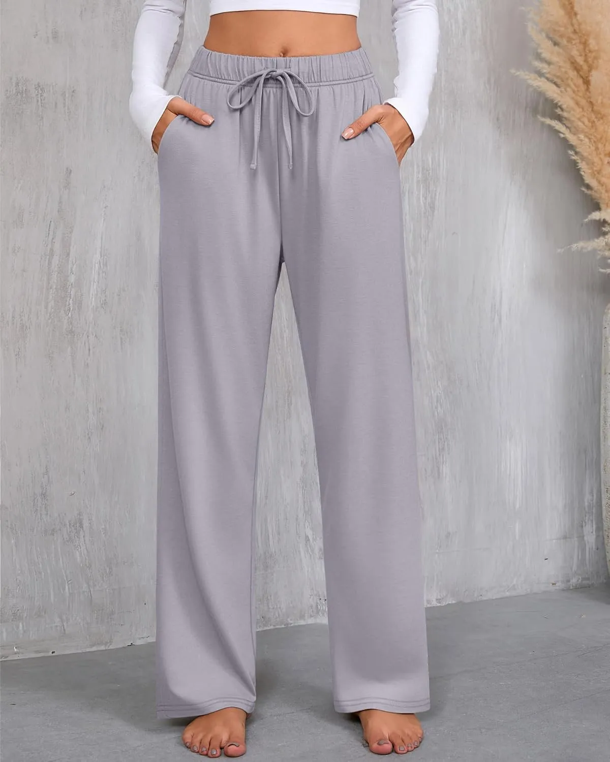 3 Pack Women's Lounge Pants with Pockets Casual Wide Leg Drawstring Yoga Pants Straight Trousers Spring Bottoms