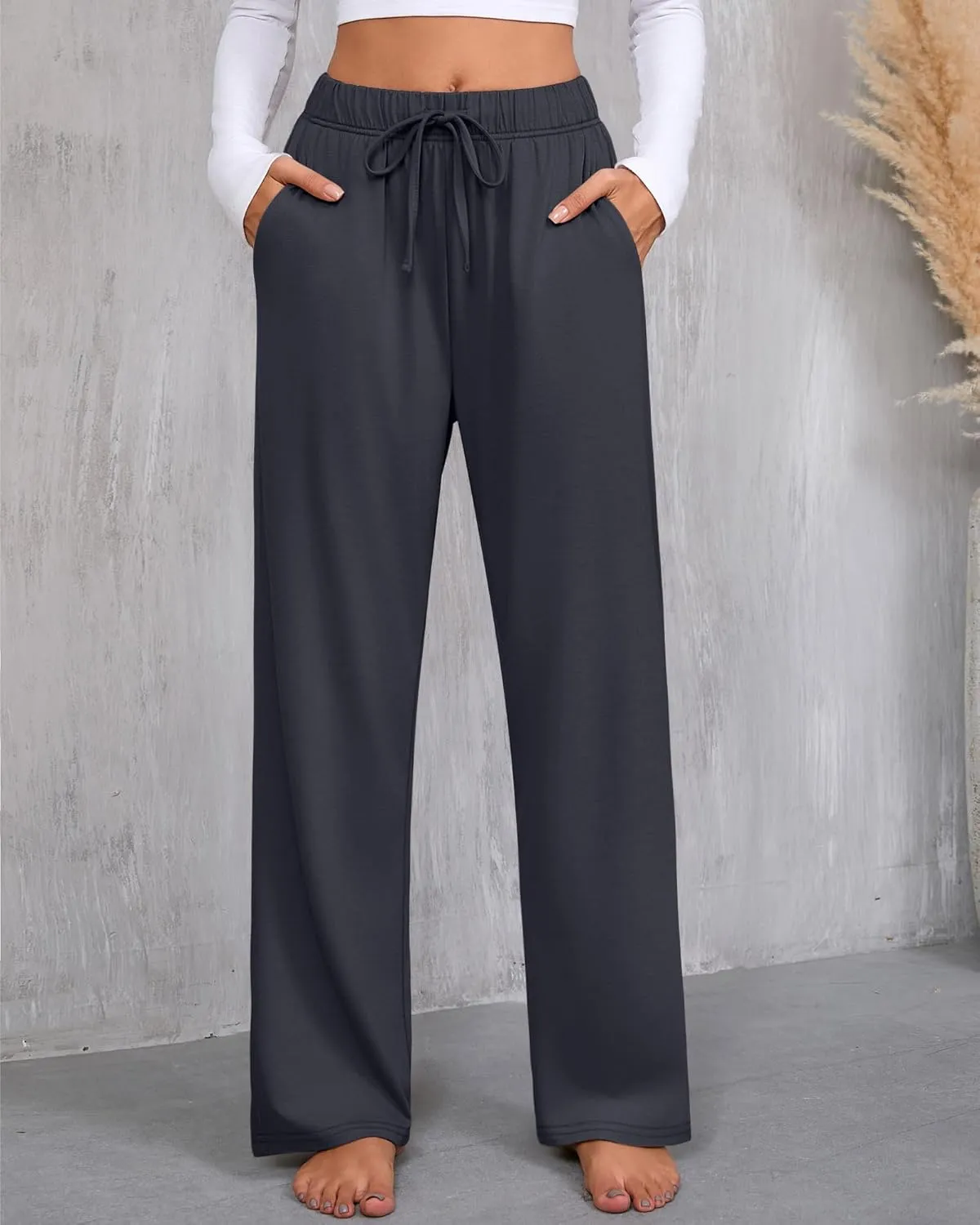 3 Pack Women's Lounge Pants with Pockets Casual Wide Leg Drawstring Yoga Pants Straight Trousers Spring Bottoms