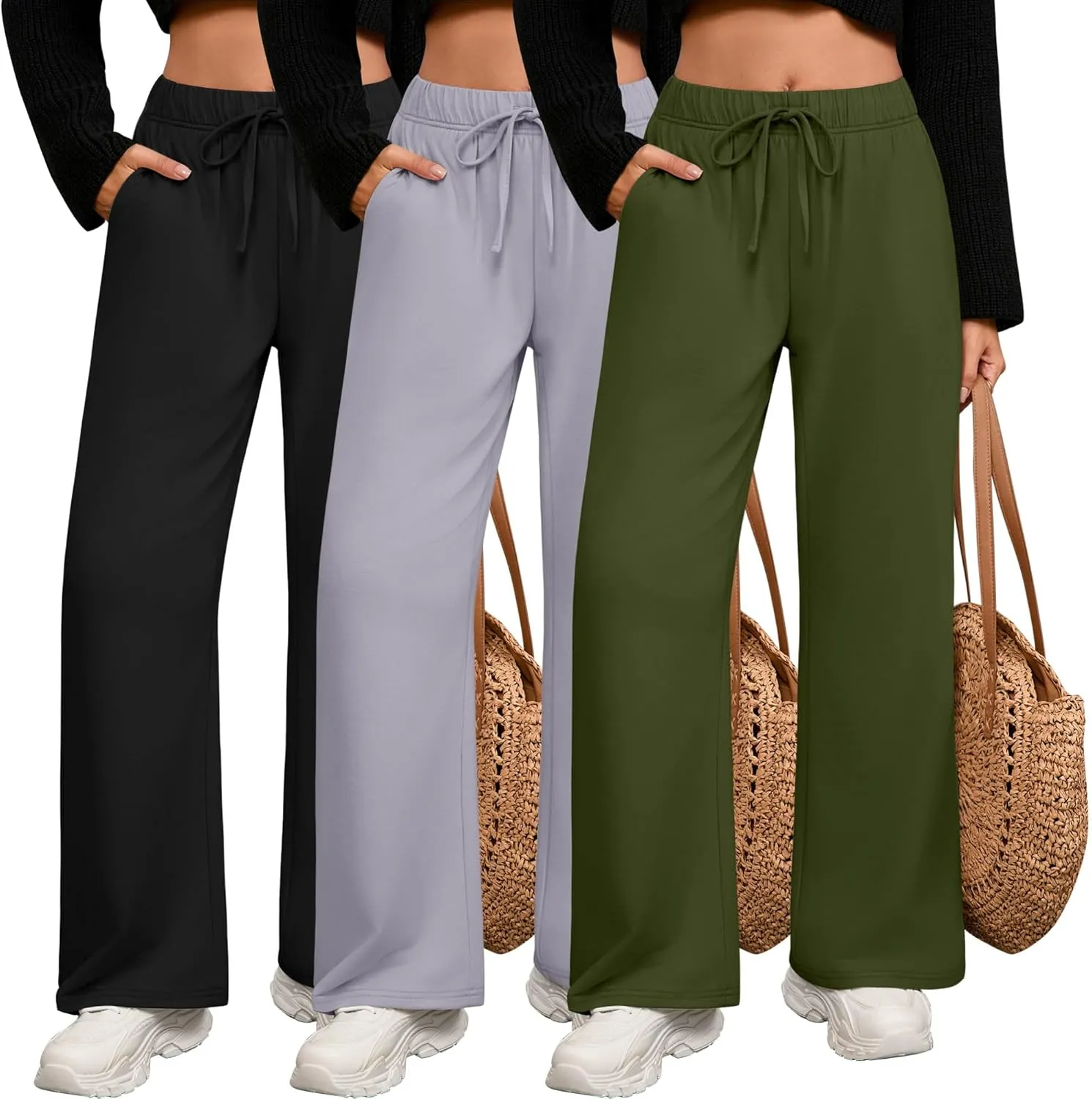 3 Pack Women's Lounge Pants with Pockets Casual Wide Leg Drawstring Yoga Pants Straight Trousers Spring Bottoms