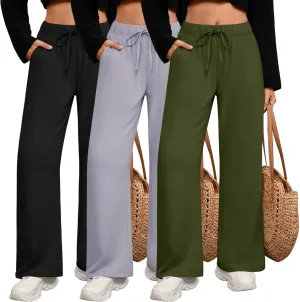 3 Pack Women's Lounge Pants with Pockets Casual Wide Leg Drawstring Yoga Pants Straight Trousers Spring Bottoms