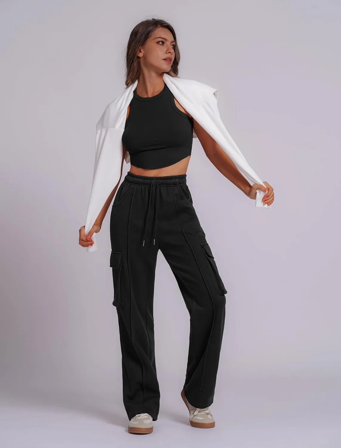 ABOCIW Women's Fleece Lined Wide Leg Sweatpants Elastic High Waisted Baggy Athletic Joggers Pants with Pockets