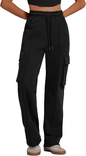 ABOCIW Women's Fleece Lined Wide Leg Sweatpants Elastic High Waisted Baggy Athletic Joggers Pants with Pockets