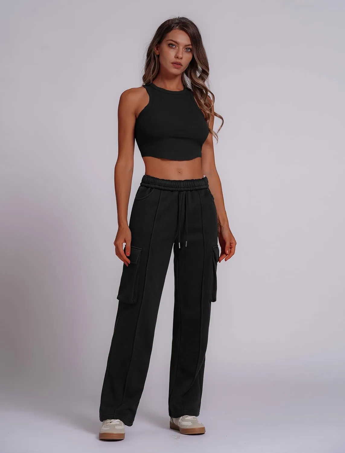 ABOCIW Women's Fleece Lined Wide Leg Sweatpants Elastic High Waisted Baggy Athletic Joggers Pants with Pockets