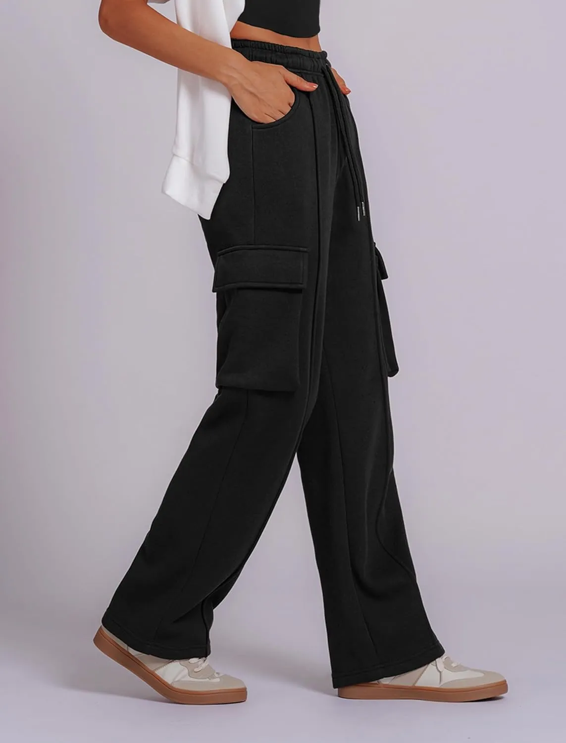 ABOCIW Women's Fleece Lined Wide Leg Sweatpants Elastic High Waisted Baggy Athletic Joggers Pants with Pockets