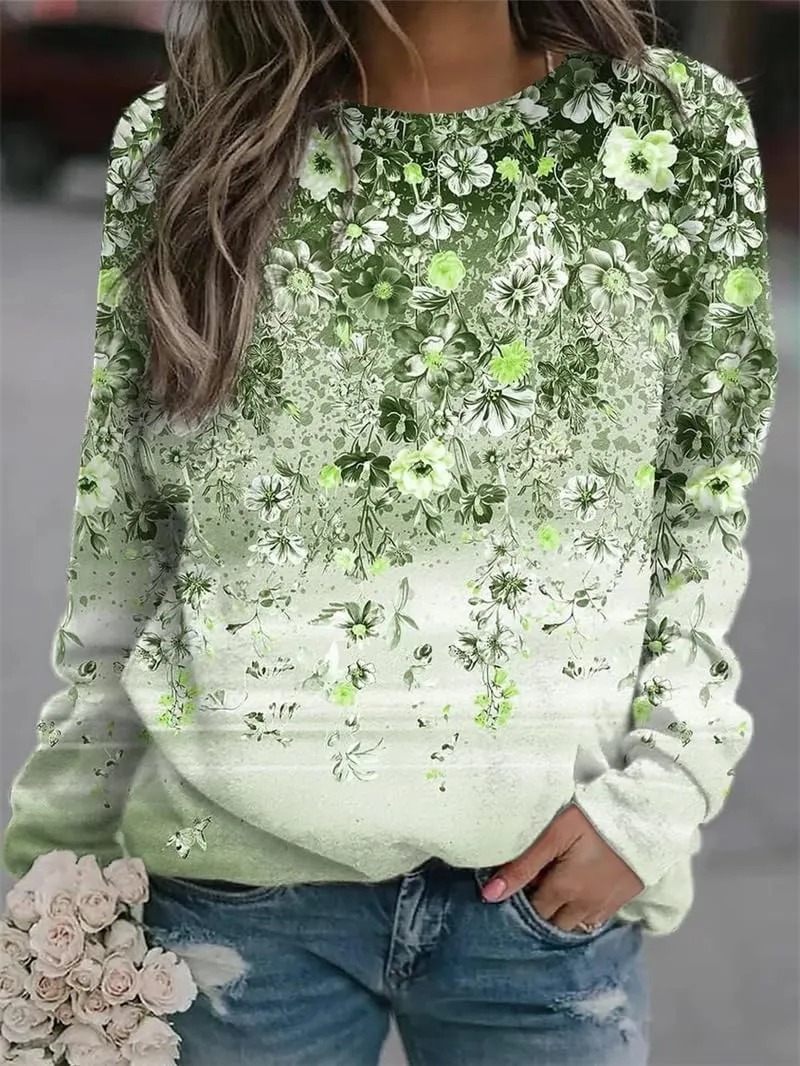 Akivide Women Casual Lightweight Sweatshirt Oversized Floral Print Long Sleeve Crewneck Trendy Graphic Top Pullover