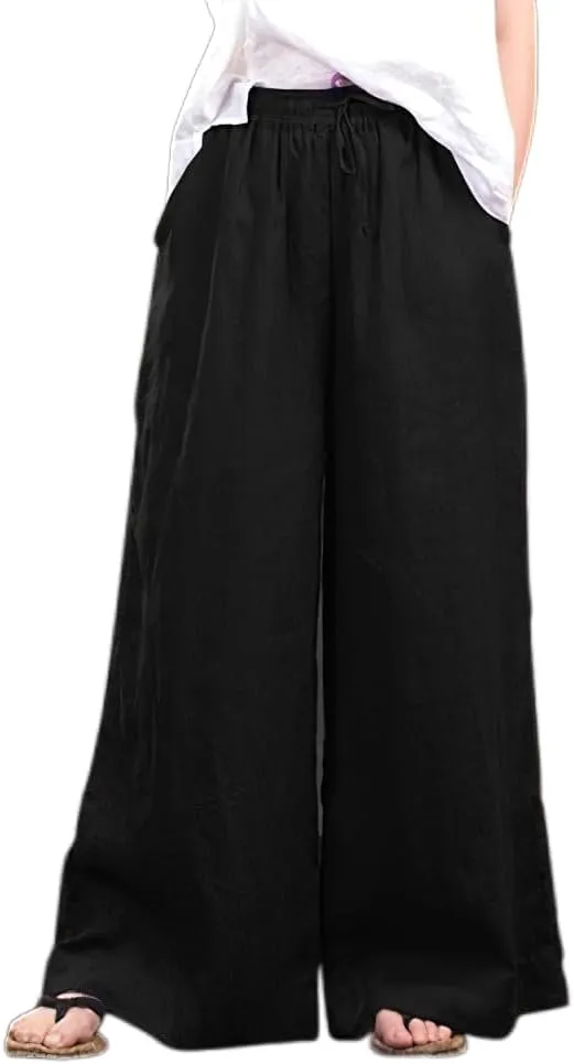 Akivide Womens Cotton Linen Palazzo Pants Drawstring Elastic High Waist Casual Wide Leg Trousers with Pockets