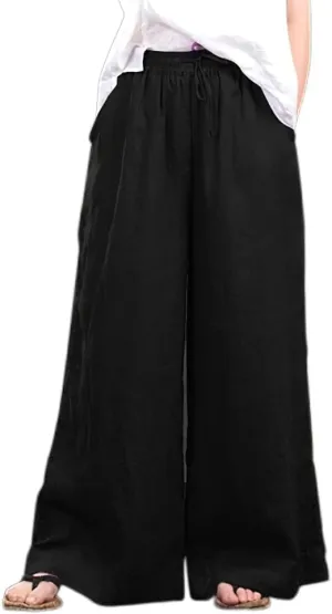 Akivide Womens Cotton Linen Palazzo Pants Drawstring Elastic High Waist Casual Wide Leg Trousers with Pockets