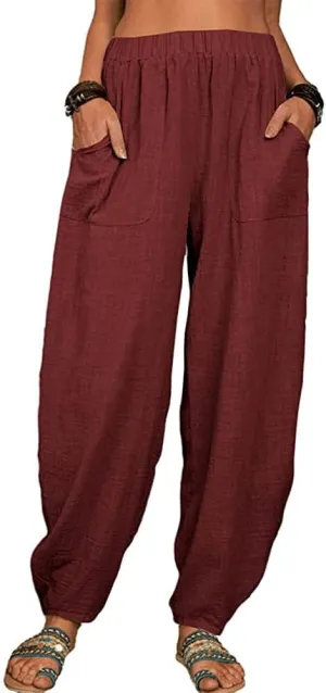 Akivide Womens Linen Plus Size High Elastic Waist Harem Pants Comfy Casual Loose Baggy Solid Pants Trousers with Pockets