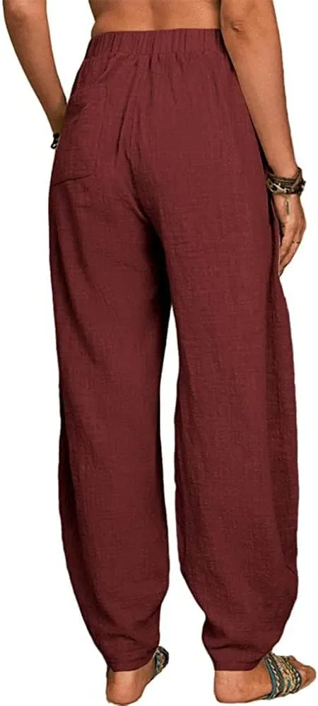 Akivide Womens Linen Plus Size High Elastic Waist Harem Pants Comfy Casual Loose Baggy Solid Pants Trousers with Pockets