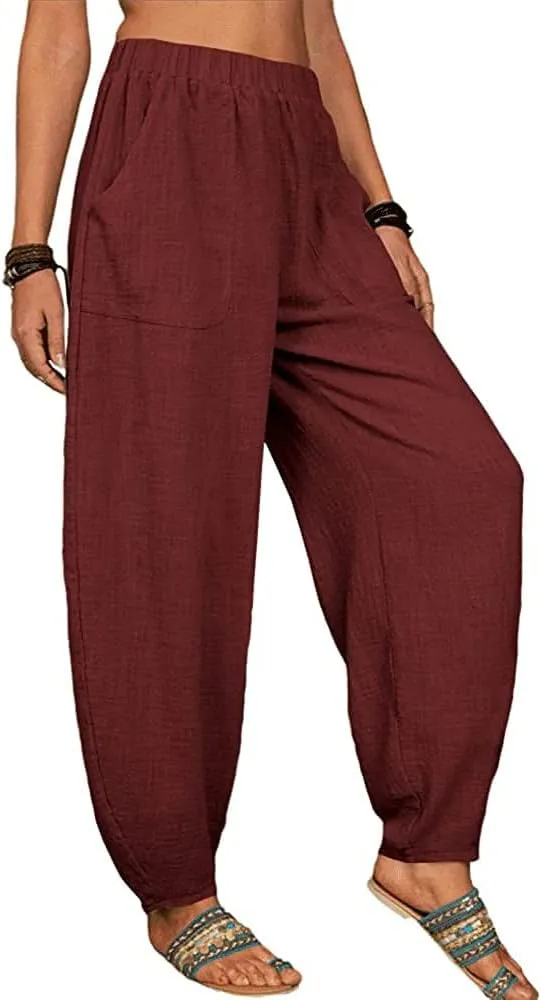 Akivide Womens Linen Plus Size High Elastic Waist Harem Pants Comfy Casual Loose Baggy Solid Pants Trousers with Pockets