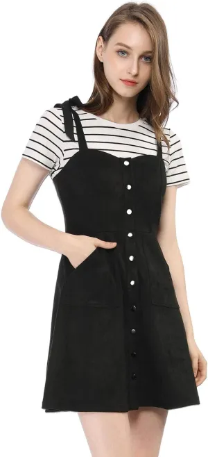 Allegra K Women's Casual Overall Dress Button Down Pockets Sleeveless Faux Suede Pinafore Dress