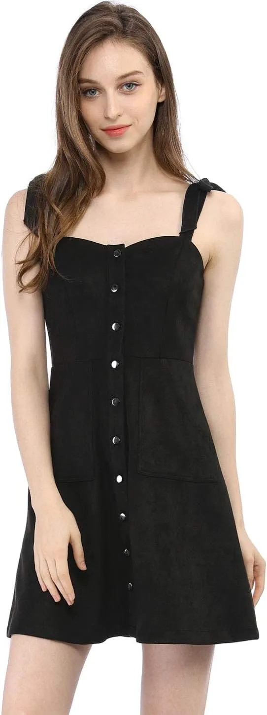 Allegra K Women's Casual Overall Dress Button Down Pockets Sleeveless Faux Suede Pinafore Dress