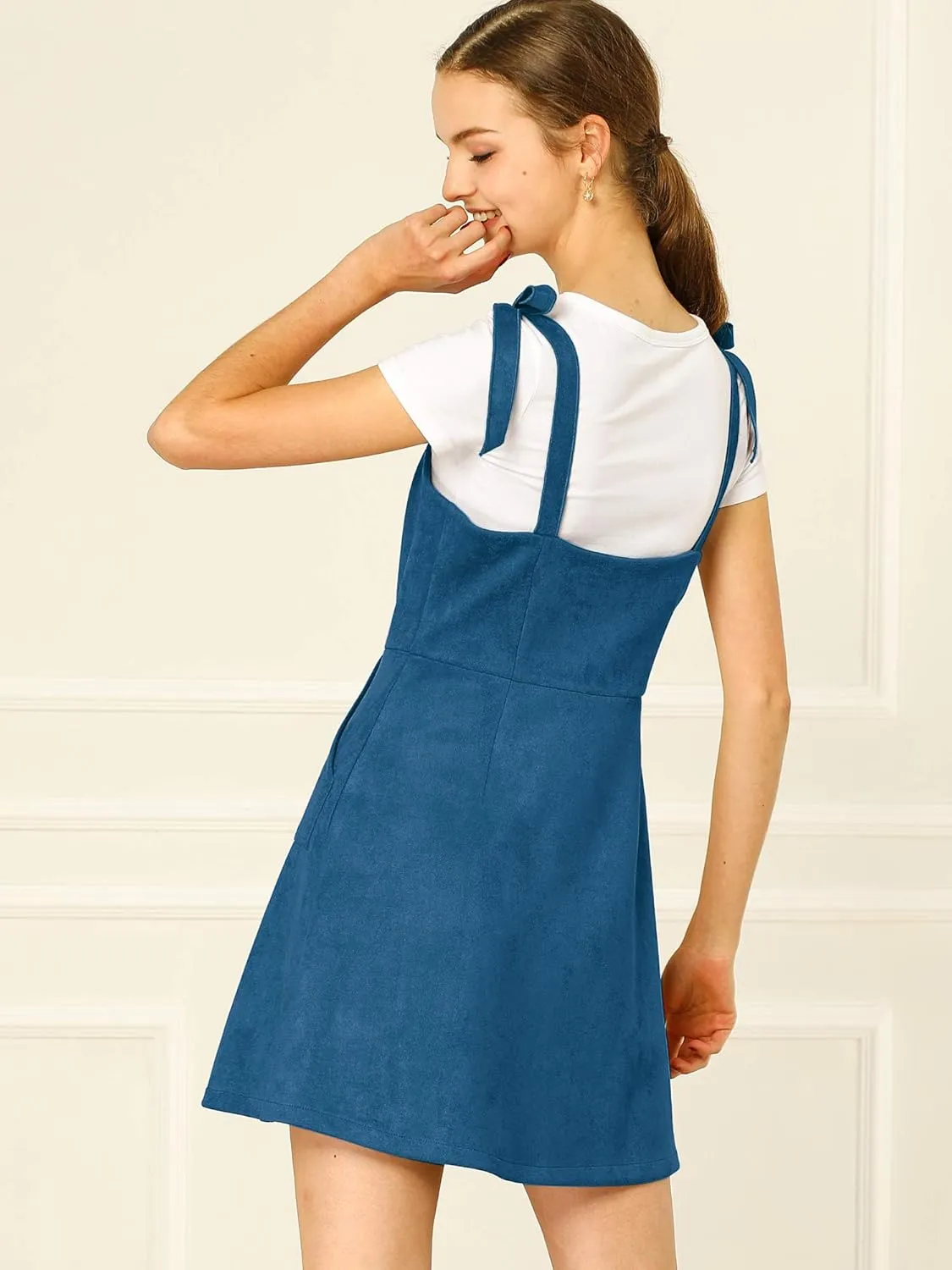 Allegra K Women's Casual Overall Dress Button Down Pockets Sleeveless Faux Suede Pinafore Dress