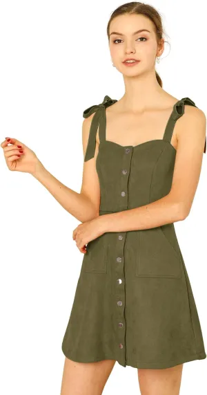 Allegra K Women's Casual Overall Dress Button Down Pockets Sleeveless Faux Suede Pinafore Dress