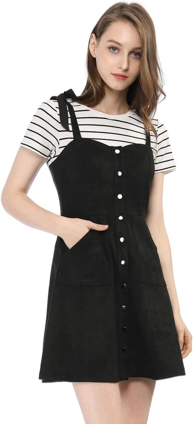 Allegra K Women's Casual Overall Dress Button Down Pockets Sleeveless Faux Suede Pinafore Dress
