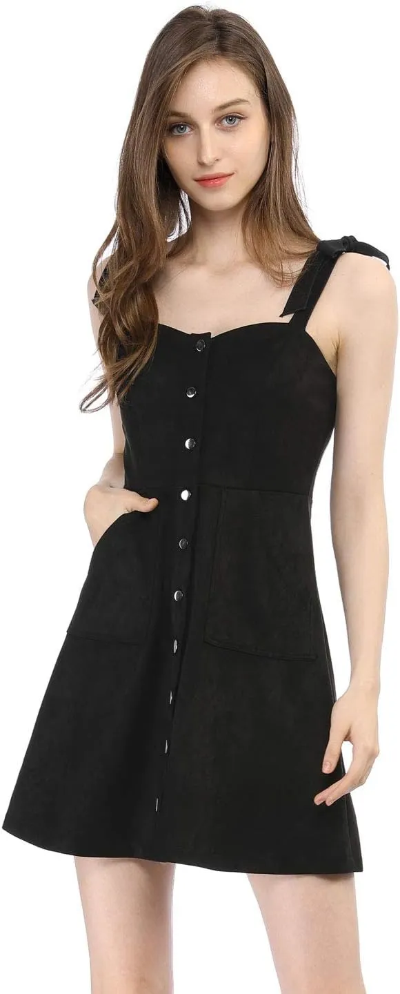 Allegra K Women's Casual Overall Dress Button Down Pockets Sleeveless Faux Suede Pinafore Dress
