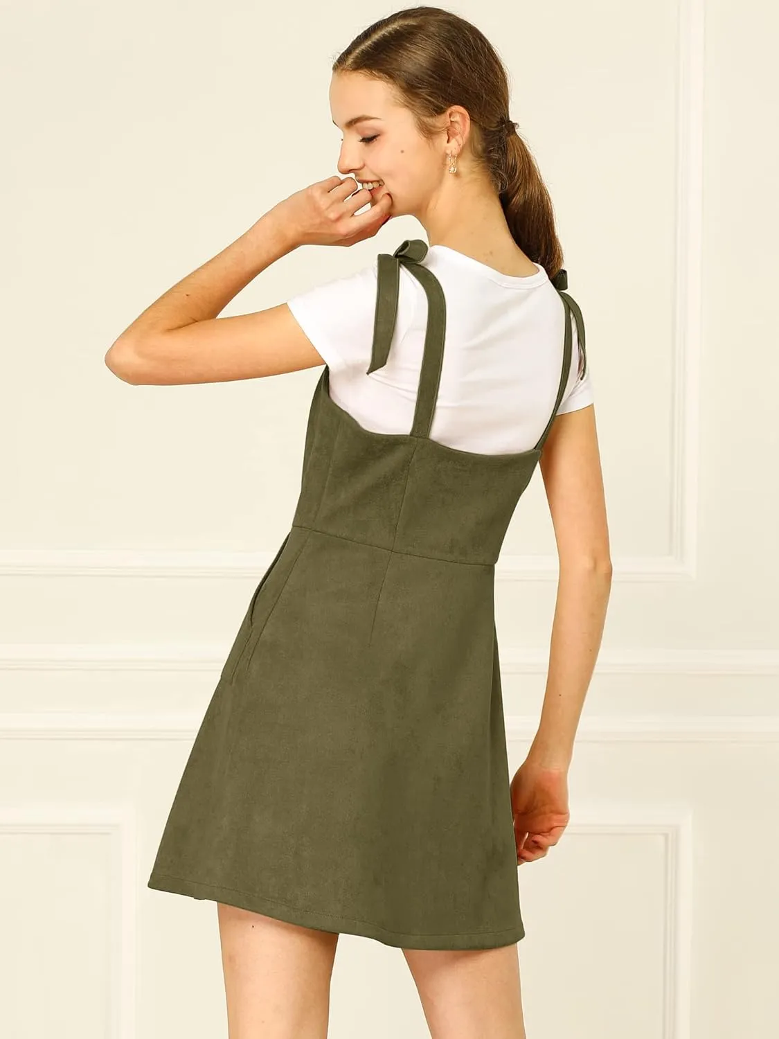 Allegra K Women's Casual Overall Dress Button Down Pockets Sleeveless Faux Suede Pinafore Dress