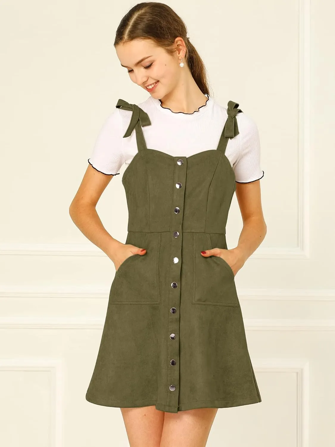 Allegra K Women's Casual Overall Dress Button Down Pockets Sleeveless Faux Suede Pinafore Dress