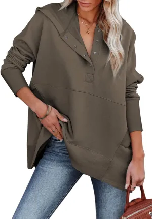 AlvaQ Women Casual Button V Neck Hoodies Oversized Pullover Sweatshirt Hooded Tops with Pockets