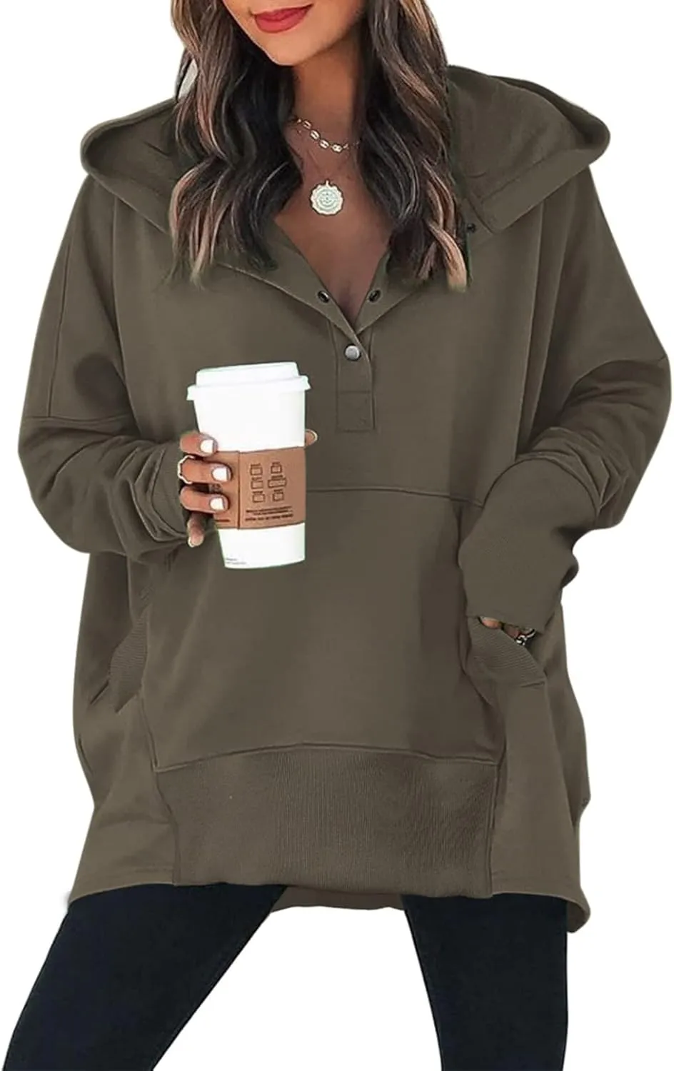 AlvaQ Women Casual Button V Neck Hoodies Oversized Pullover Sweatshirt Hooded Tops with Pockets