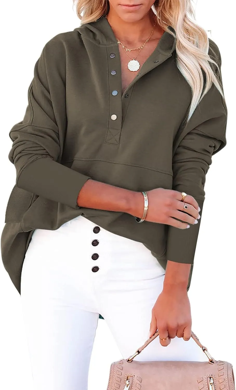AlvaQ Women Casual Button V Neck Hoodies Oversized Pullover Sweatshirt Hooded Tops with Pockets