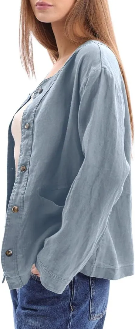 Amazhiyu Women's 100% Linen Long Sleeve Button Up Crew Neck Lightweight Cardigan