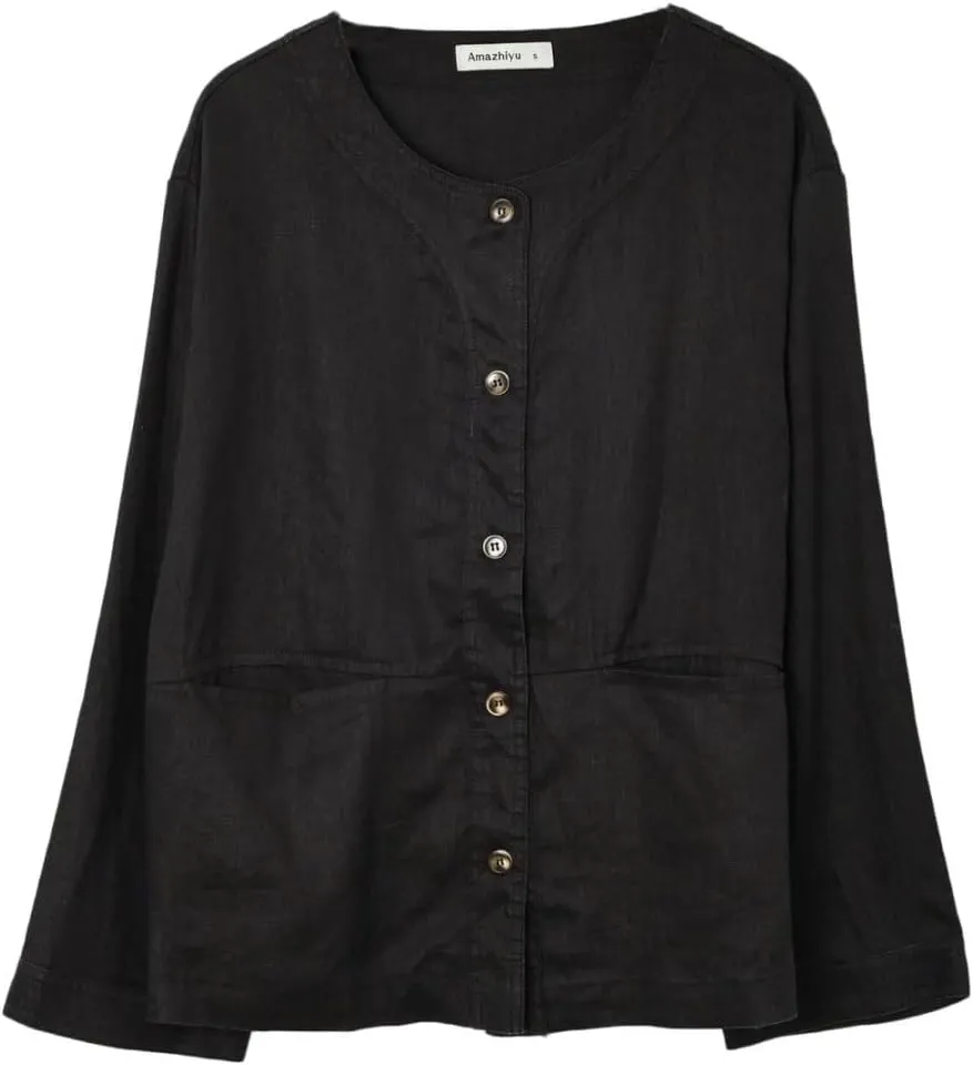 Amazhiyu Women's 100% Linen Long Sleeve Button Up Crew Neck Lightweight Cardigan
