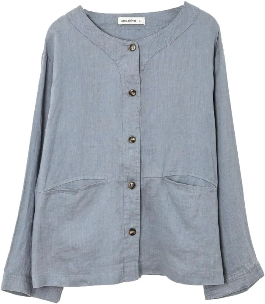 Amazhiyu Women's 100% Linen Long Sleeve Button Up Crew Neck Lightweight Cardigan