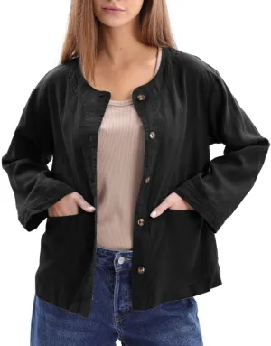 Amazhiyu Women's 100% Linen Long Sleeve Button Up Crew Neck Lightweight Cardigan