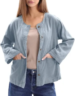 Amazhiyu Women's 100% Linen Long Sleeve Button Up Crew Neck Lightweight Cardigan