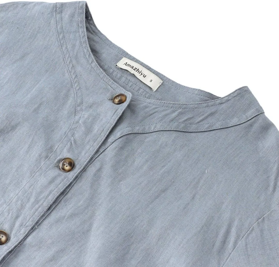 Amazhiyu Women's 100% Linen Long Sleeve Button Up Crew Neck Lightweight Cardigan