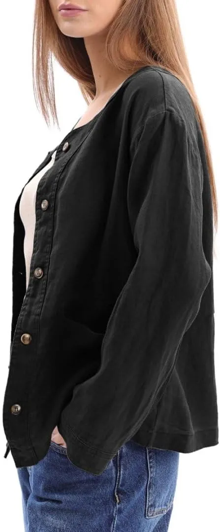 Amazhiyu Women's 100% Linen Long Sleeve Button Up Crew Neck Lightweight Cardigan