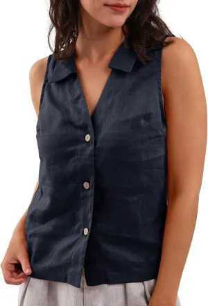 Amazhiyu Women's 100% Linen Summer Sleeveless Button-Down Tops Slight Crop Vest