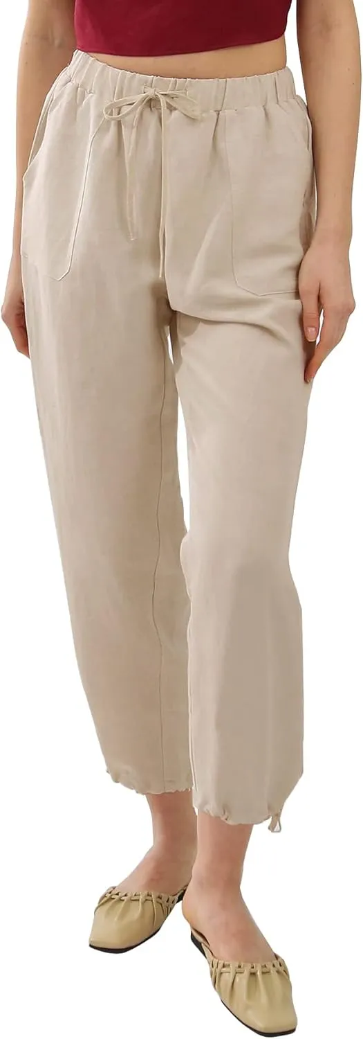 Amazhiyu Womens Linen High Waist Pencil Pants with Pockets Drawstring Trousers