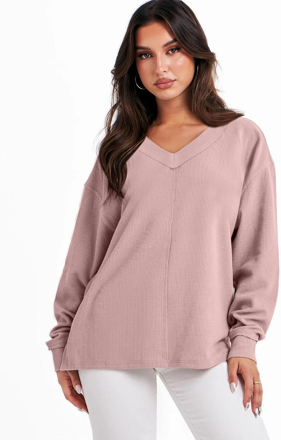 ANRABESS Oversized Long Sleeve Shirts for Women Off the Shoulder Sweatshirt Loose V Neck Tunic Tops High Low Sweater 2024