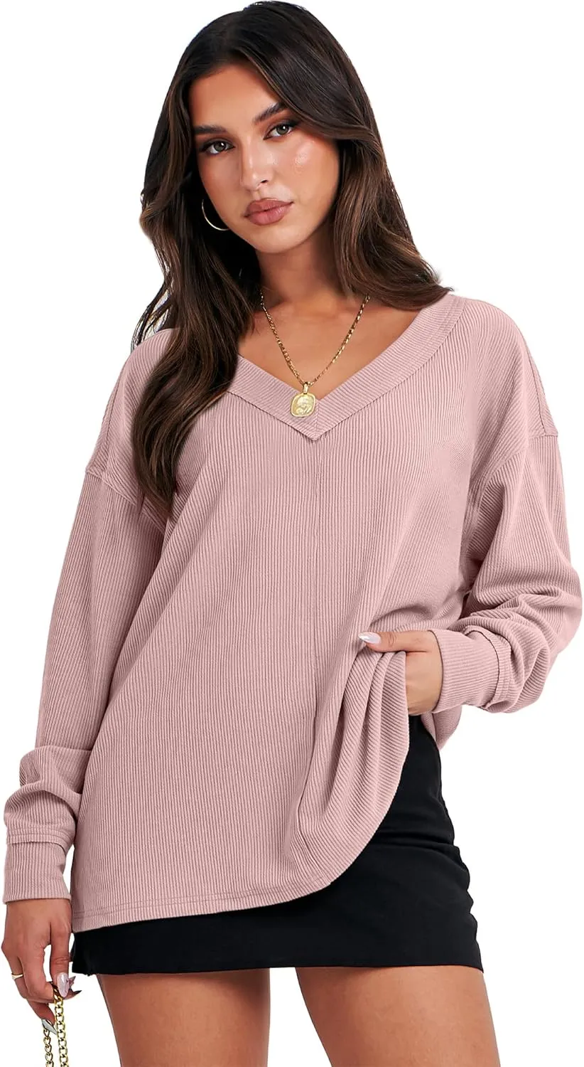 ANRABESS Oversized Long Sleeve Shirts for Women Off the Shoulder Sweatshirt Loose V Neck Tunic Tops High Low Sweater 2024
