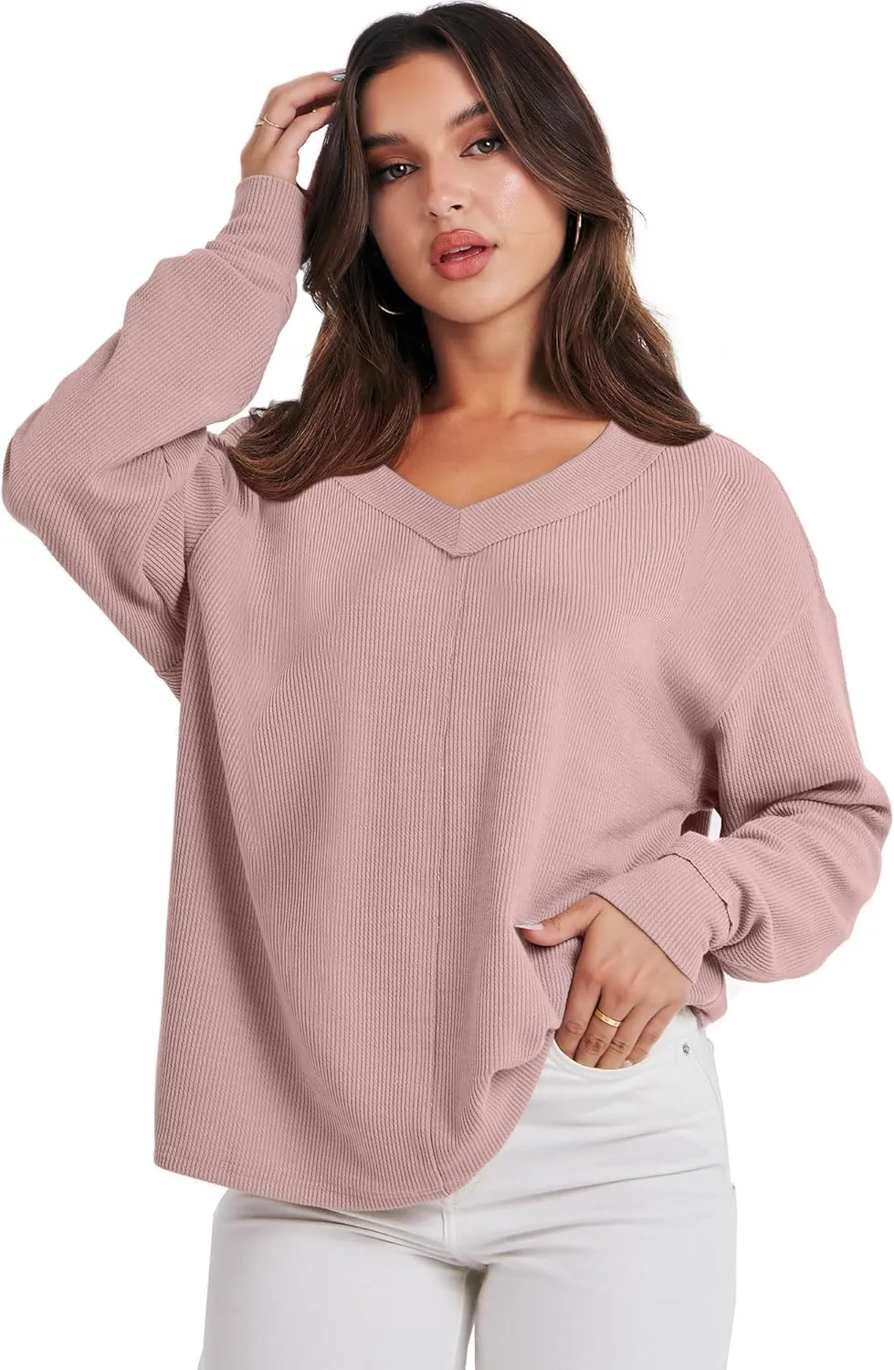 ANRABESS Oversized Long Sleeve Shirts for Women Off the Shoulder Sweatshirt Loose V Neck Tunic Tops High Low Sweater 2024