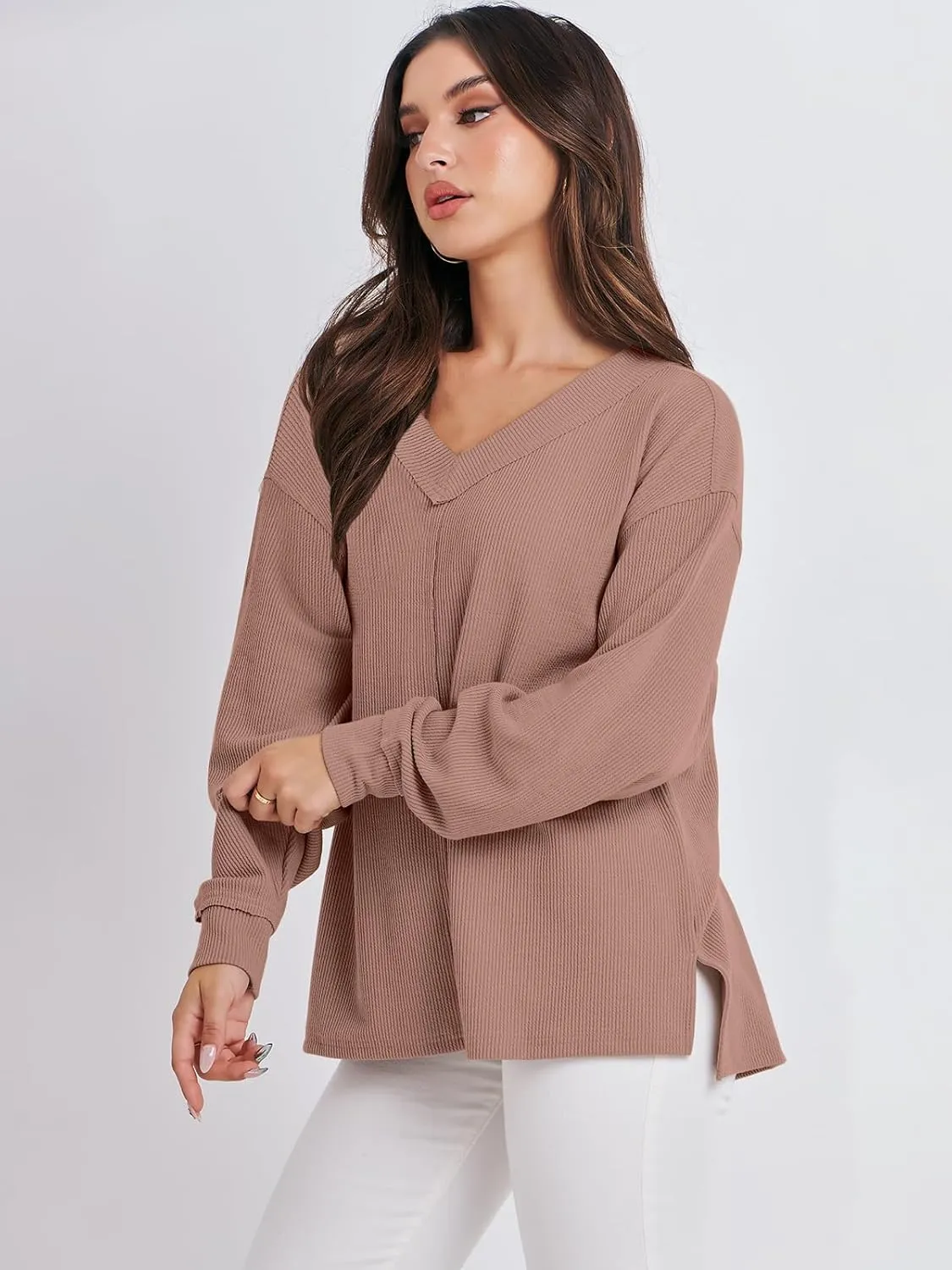ANRABESS Oversized Long Sleeve Shirts for Women Off the Shoulder Sweatshirt Loose V Neck Tunic Tops High Low Sweater 2024