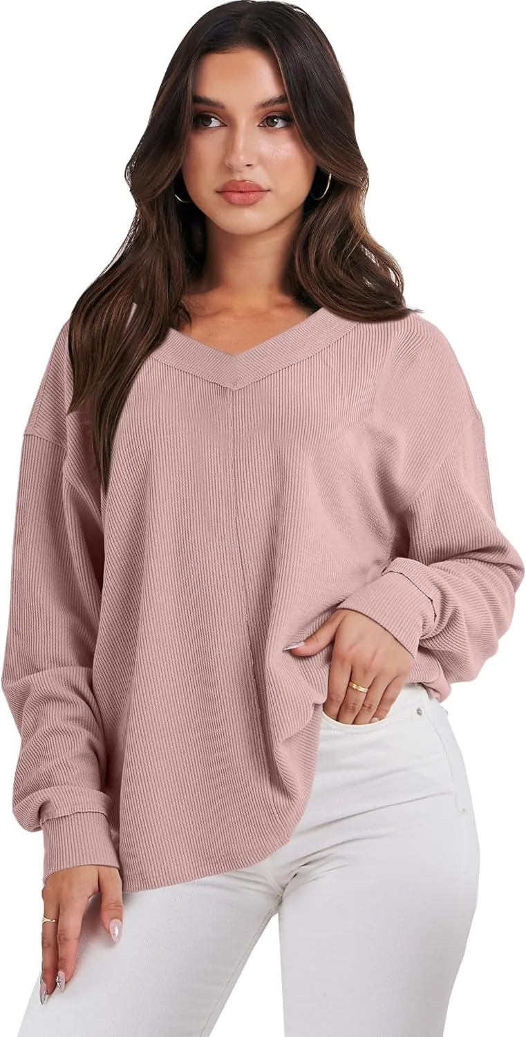 ANRABESS Oversized Long Sleeve Shirts for Women Off the Shoulder Sweatshirt Loose V Neck Tunic Tops High Low Sweater 2024