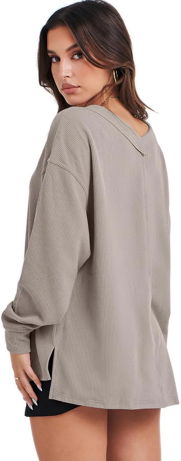ANRABESS Oversized Long Sleeve Shirts for Women Off the Shoulder Sweatshirt Loose V Neck Tunic Tops High Low Sweater 2024