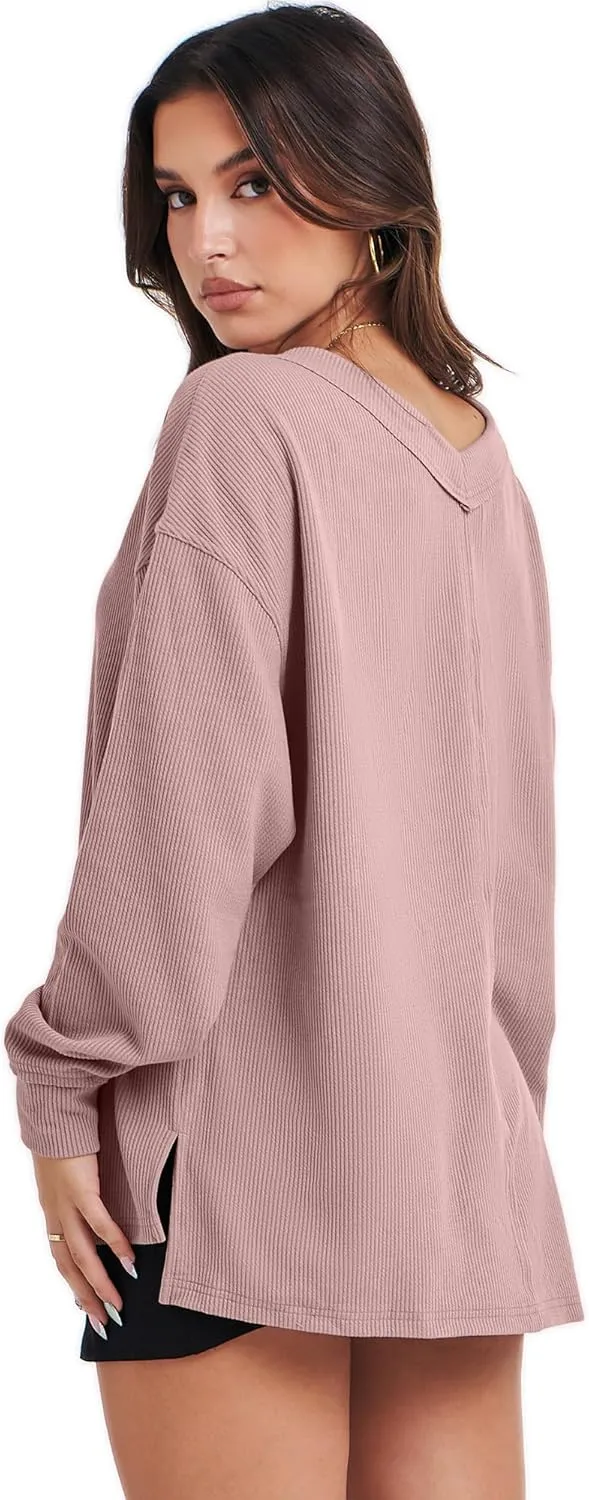 ANRABESS Oversized Long Sleeve Shirts for Women Off the Shoulder Sweatshirt Loose V Neck Tunic Tops High Low Sweater 2024
